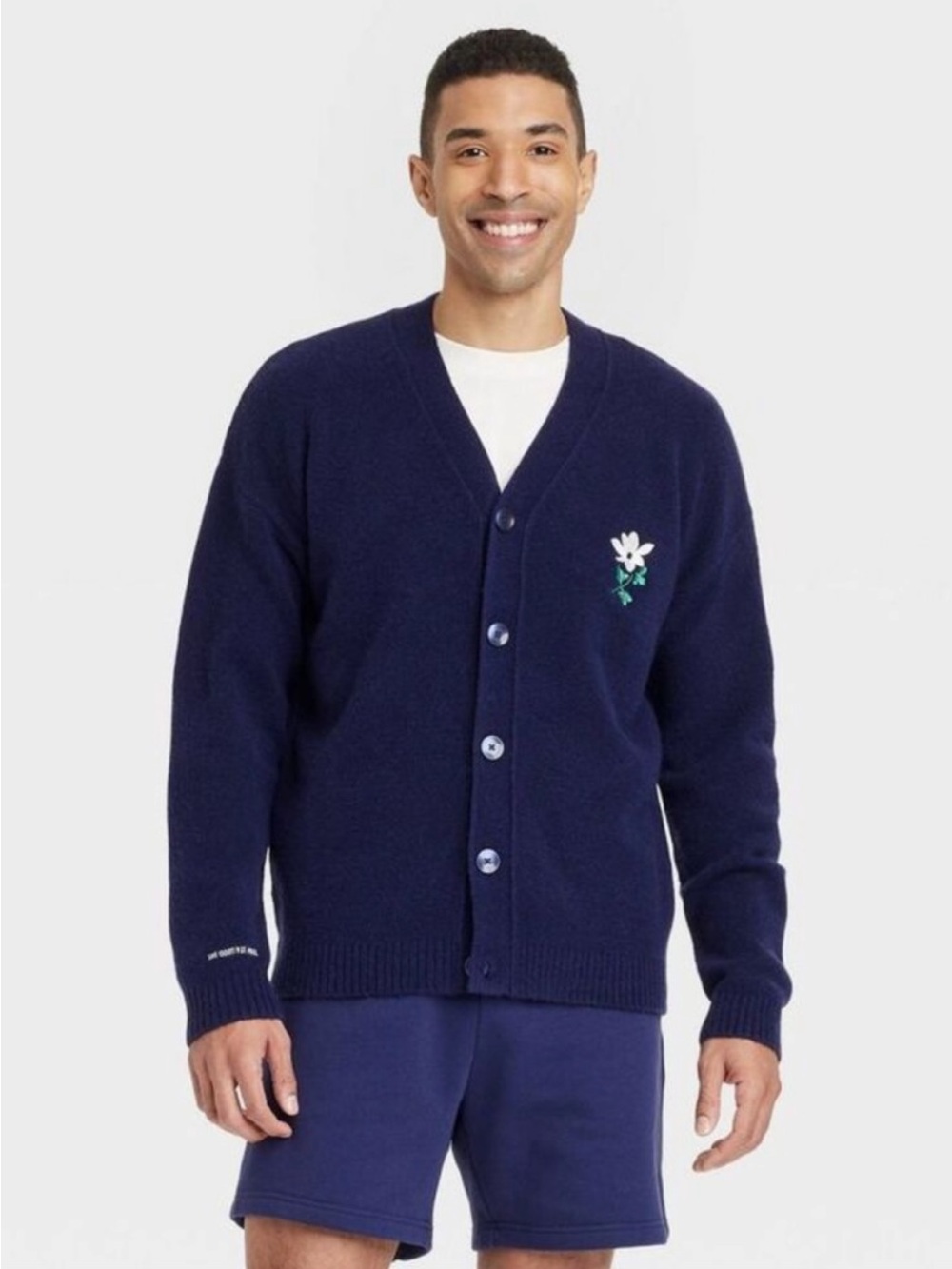 Navy Floral-Embroidered V-Neck Cardigan Sweater